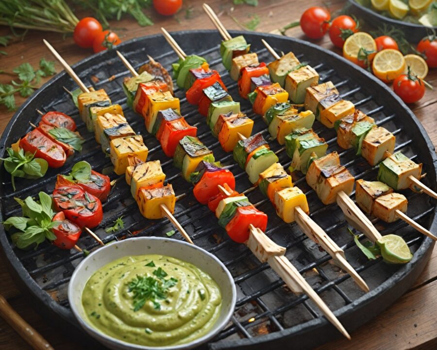 Como preparar espetinhos de legumes grelhados com molho de ervas